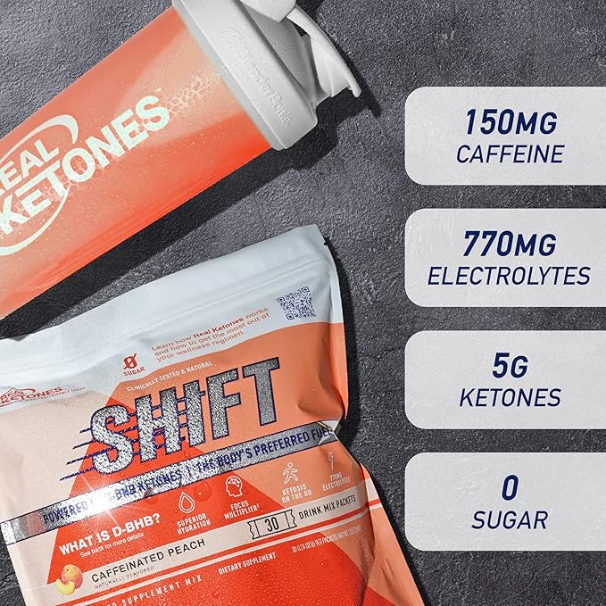 Real Ketones BHB Exogenous Ketones Drink Mix Packets Keto Electrolytes Powder Packets No Sugar with 4 Main Fasting Electrolytes Plus Hydrating Patented Keto BHB - 30 Count Peach Caffeine (Pack of 3)