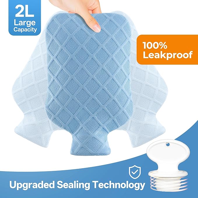 Hot Water Bottle with Soft Cover, 2L Hot Water Bag, Hot and Cold Therapies for Sore Muscles, Menstrual Cramps, Neck and Shoulder Pain Relief, Great for Women, Childs, Blue
