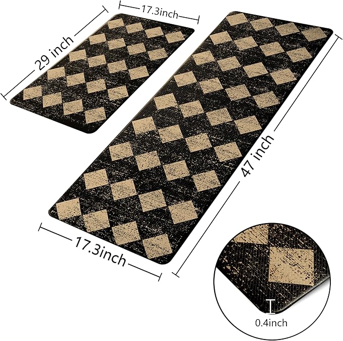 Black Brown Moroccan Trellis Checkered Kitchen Rug Sets [2 PCs], Anti-Fatigue, Waterproof Non-Slip Kitchen Mats Heavy Duty Ergonomic Comfort Foam Rug for Floor, Home, Laundry,17"x29"+17"x47"
