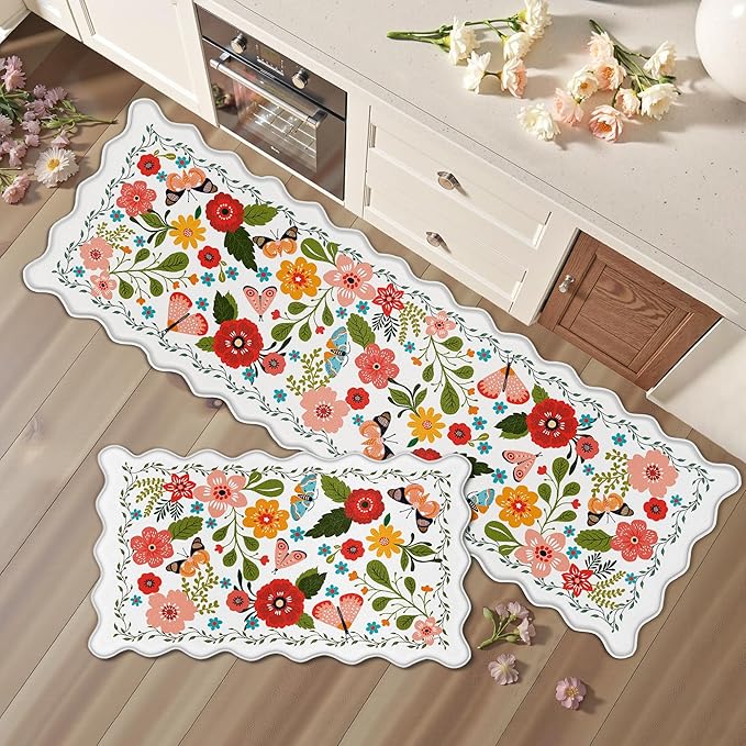 Scalloped Kitchen Mats for Floor 2PC Cushioned Anti Fatigue Kitchen Mats Rugs Waterproof Non Slip Boho Floral Comfort Foam Standing Mat for Sink Laundry, White,17.3x30+17.3x59
