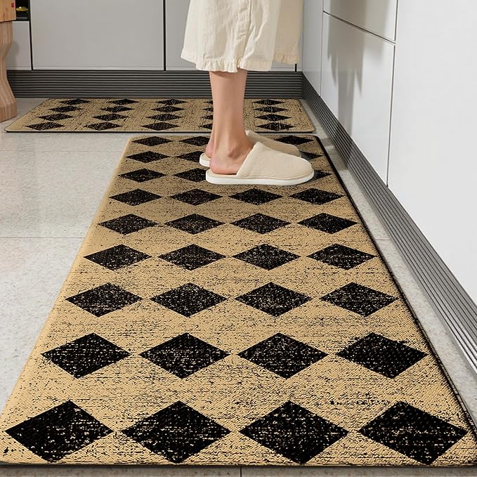 Brown Black Moroccan Trellis Checkered Kitchen Rug Sets [2 PCs], Anti-Fatigue, Waterproof Non-Slip Kitchen Mats Heavy Duty Ergonomic Comfort Foam Rug for Floor, Home, Laundry,17"x29"+17"x47"