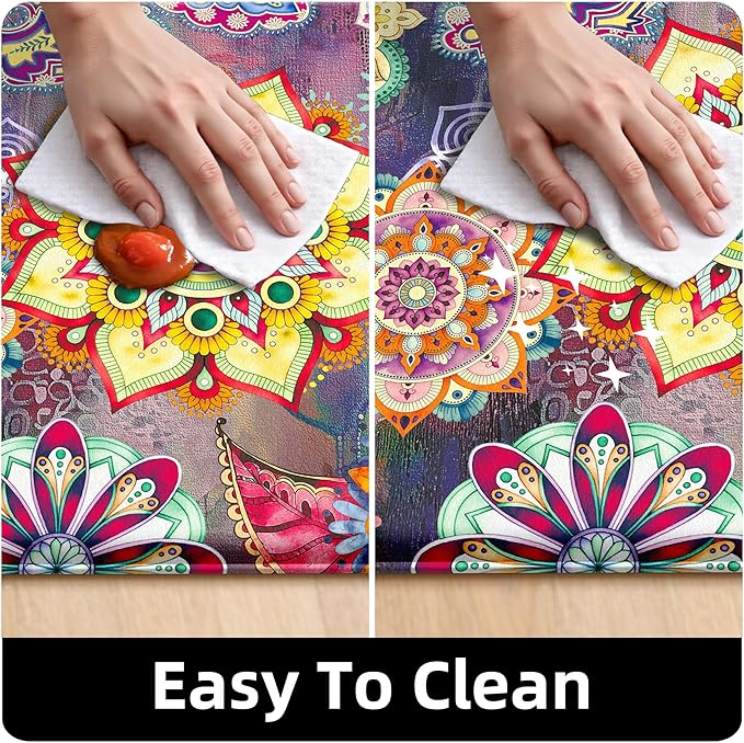 Boho Red Floral Kitchen Rugs Mats for Floor 2 Piece Memory Foam Padded Kitchen Mats Anti Fatigue Non Slip Cushioned Comfort Standing Mat, 17.3x28+17.3x47 Inch