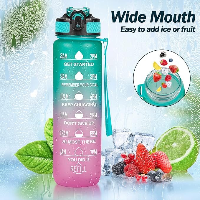 Motivational Water Bottle with Time Marker - 32oz, Leak-proof BPA Free Sports Water Bottles with Straw & Carrying Strap