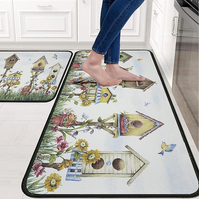 Birds Kitchen Rugs 2 Piece Set for Floor Mat, Rug With Birds Non Skid Washable Absorbent Microfiber Birds Kitchen Mat for in Front of Sink for Standing for Home Birds Kitchen Decor 17"X30"+17"X47"