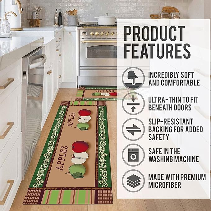 Apple Kitchen Rugs 2 Piece Set for Floor Mat, Non Skid Washable Absorbent Microfiber Apple Kitchen Mat for in Front of Sink for Standing for Home Apple Kitchen Decor 17"X30"+17"X47"