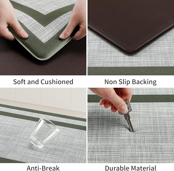 Mattitude Kitchen Mats Set of 2 Cushioned Anti-Fatigue Non-Skid Rug Sets Ergonomic Comfort Standing Mat for Kitchen, Floor, Office, Sink, Laundry,Green