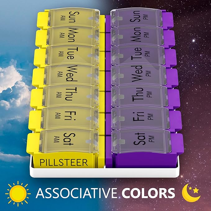 Pill Organizer 2 Times a Day - Weekly Medicine Organizer - Vitamin Holder - Big Pill Container Box - Easy Open Large Medication Dispenser Case - Detachable 7 Day AM PM - 14 Compartments
