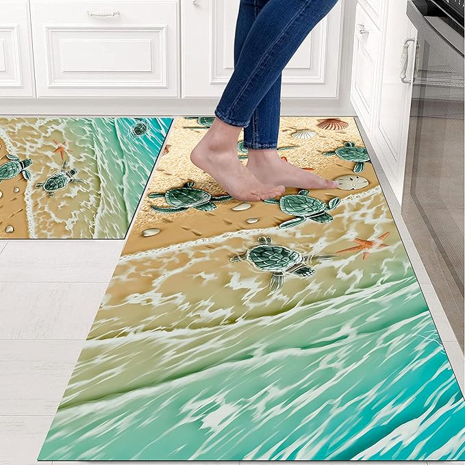 Beach Kitchen Rugs 2 Piece Set for Dog Sea Turtle Floor Mat, Nautical Rug Non Skid Washable Absorbent Nautical Kitchen Mat for in Front of Sink for Standing for Coastal Kitchen Decor 17"X30"+17"X47"