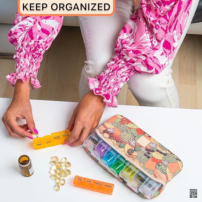 Made Easy Kit Pill Case Large 7-Day / 28 Compartments in Neoprene Carrier with Storage Pill Box in Daily in Morn, NOON, EVE, Bed a Weekly Vitamin, Medicine, Capsule Organization (Khaki Desert Cactus)
