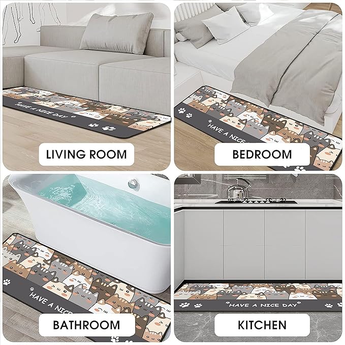 Cat Kitchen Rugs 2 Piece Set for Floor Mat, Non Skid Washable Absorbent Microfiber Cat Kitchen Mat for in Front of Sink for Standing for Home Cats Kitchen Decor 17"X30"+17"X47"
