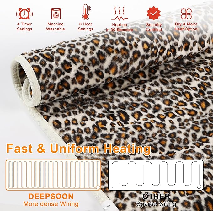 Deepsoon Heating Pad,Electric Heating Pads for Back,Neck,Abdomen,Moist Heating Pad for Shoulder,Knee,Arms,Legs,Dry/Moist Heat & Auto Shut Off,Christmas Gifts for Men and Women,Leopard Print,24x12 Inch