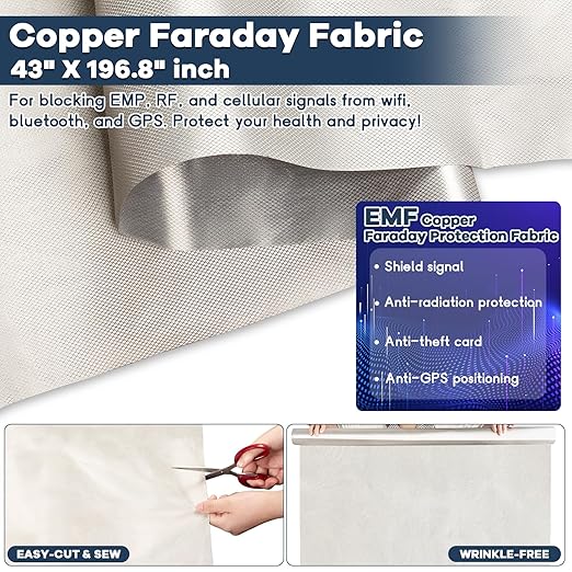 Faraday Fabric 43” x 196.8”, Military Grade Signal Blocking Cloth Shields, Conductive Material Cover for WiFi, Cell, Bluetooth, RFID, EMP Protection with Faraday Tape