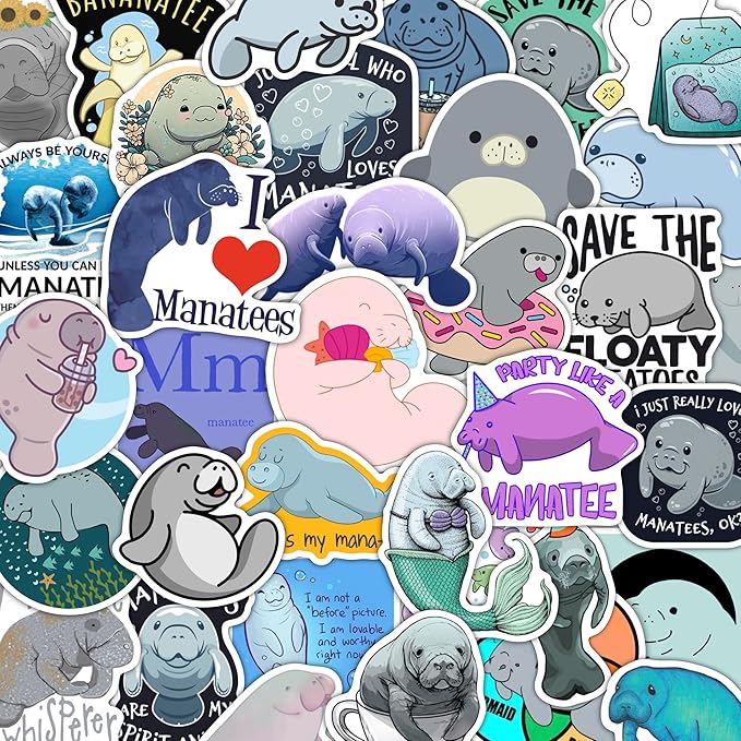 BulbaCraft 100Pcs Manatee Stickers and Laptop Decals for Water Bottles - Waterproof Vinyl Manatee Stickers, Gifts for Women & Men
