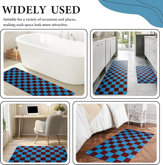 Peacock Blue Checkered Grid Checkerboard Kitchen Rug Sets [2 PCs], Anti-Fatigue, Waterproof Non-Slip Kitchen Mats Heavy Duty Ergonomic Comfort Foam Rug for Floor, Home,17"x29"+17"x47"
