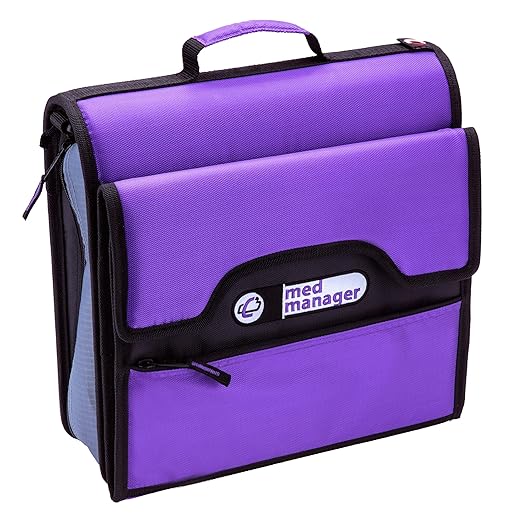 Med Manager Medicine Organizer and Portable Medical Binder, Holds (15) Pill Bottles - (11) Standard Size and (4) Large Bottles, Includes Removable 5-Tab File Folder, Purple, 14 x 14 x 4 inches