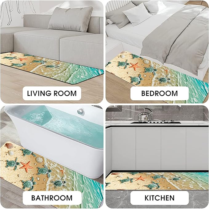 Beach Kitchen Rugs 2 Piece Set for Dog Sea Turtle Floor Mat, Nautical Rug Non Skid Washable Absorbent Nautical Kitchen Mat for in Front of Sink for Standing for Coastal Kitchen Decor 17"X30"+17"X47"