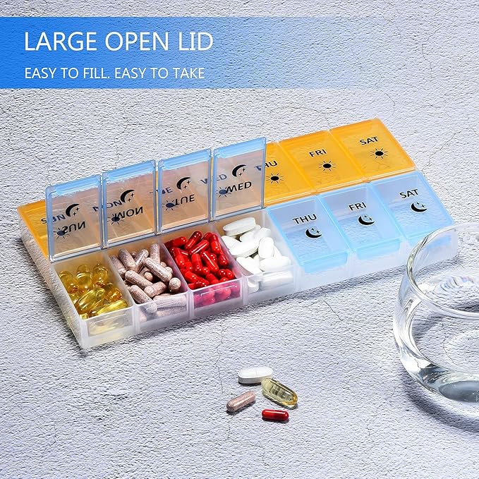 Extra Large 7 Day Pill Organizer AM PM BPA-Free Medicine Case with Oversized Compartments for Large Vitamins, Fish Oil, and Supplements, Easy Open Design(Yellow/Blue)