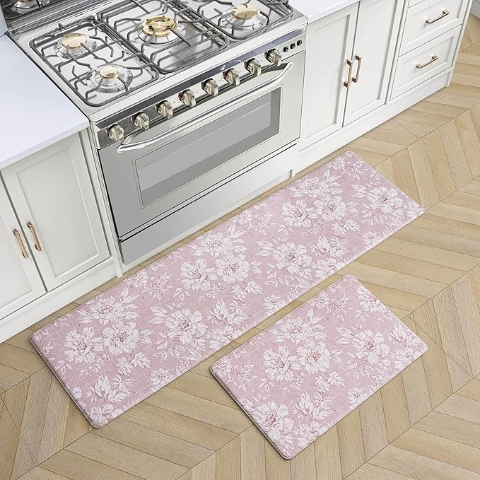 Laura Ashley - Anti-Fatigue Kitchen Mat, Iris Floral Design, Stain, Water & Fade Resistant, Cooking & Standing Relief, Non-Slip Backing, 2 Piece Set: 17.5" x 60" / 17.5" x 28" Soft Pink Iris
