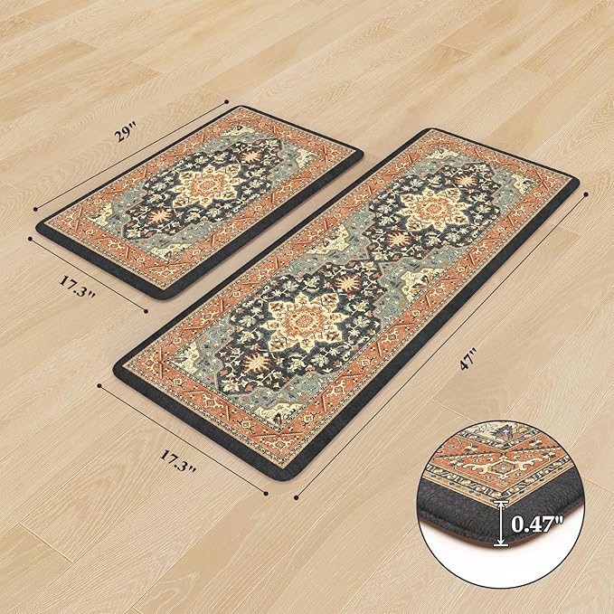 Kitchen Mats for Floor 2PCS Cushioned Anti Fatigue,Farmhouse Vintage Comfort Standing Kitchen Rugs Non Slip,Memory Foam Carpet for Laundry Office Bathroom,Blue