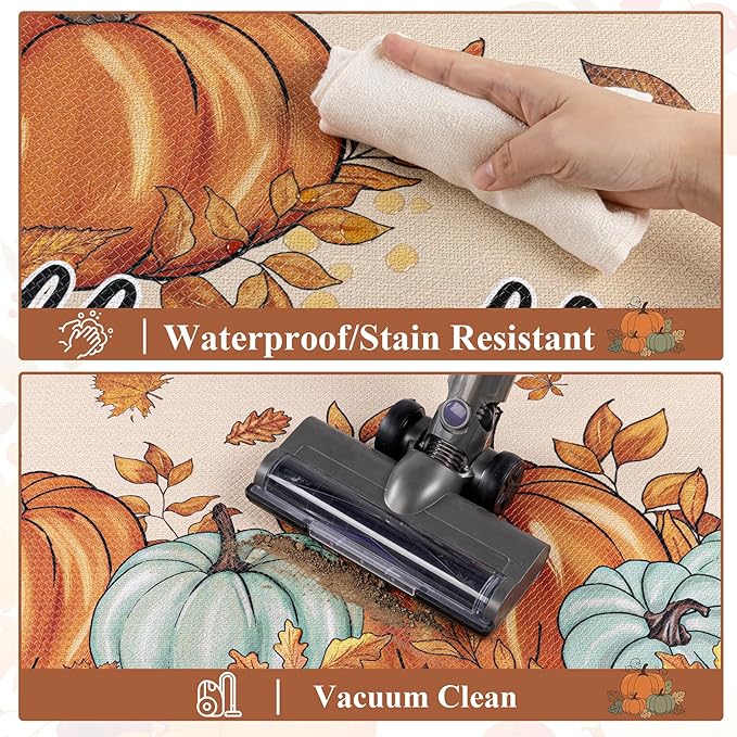 U'Artlines Fall Kitchen Rugs Sets of 2, Anti Fatigue Mats for Kitchen Floor Printed on Both Sides, Non Slip Waterproof Fall Kitchen Mats with Pumpkin Leaves Fall Decor Pattern 17"x28"+17"x47"