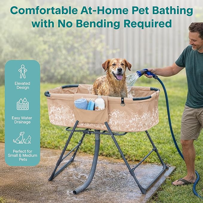 SereneLife Foldable Dog Bath Tub with Adjustable Height, 360° Access, Drain Hose & Storage Pockets – 130 lb Capacity Grooming Station for Indoor/Outdoor Use (Beige)