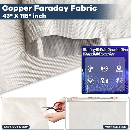 Faraday Fabric 43” x 118”, Military Grade Signal Blocking Cloth Shields, Conductive Material Cover for WiFi, Cell, Bluetooth, RFID, EMP Protection with Faraday Tape