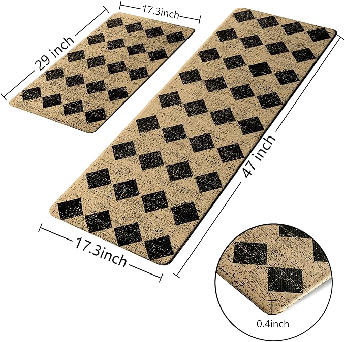 Brown Black Moroccan Trellis Checkered Kitchen Rug Sets [2 PCs], Anti-Fatigue, Waterproof Non-Slip Kitchen Mats Heavy Duty Ergonomic Comfort Foam Rug for Floor, Home, Laundry,17"x29"+17"x47"