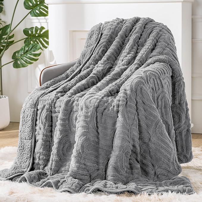 Sherpa Fleece Adult Weighted Blanket Great for Sleep, 15 lbs Dual Sided Soft Fuzzy Heavy Blankets for Couch Bed Sofa, Cozy Warm Fluffy Arched Jacquard Throw for Winter (Grey, 48" x 72", 15 Pounds)