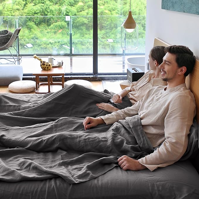 Simple&Opulence Belgian Linen Sheet Set Solid Color - 4 Pieces (1 Flat Sheet, 1 Fitted Sheet & 2 Pillowcases) Natural Flax Cotton Blend Soft Breathable Farmhouse Bedding - Queen Size, Dark Grey