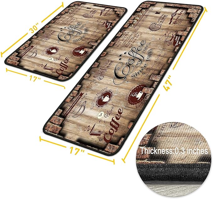 Coffee Kitchen Rugs 2 Piece Set for Floor Mat, Non Skid Washable Absorbent Microfiber Coffee Kitchen Mat for in Front of Sink for Standing for Home Coffe Kitchen Decor 17"X30"+17"X47"