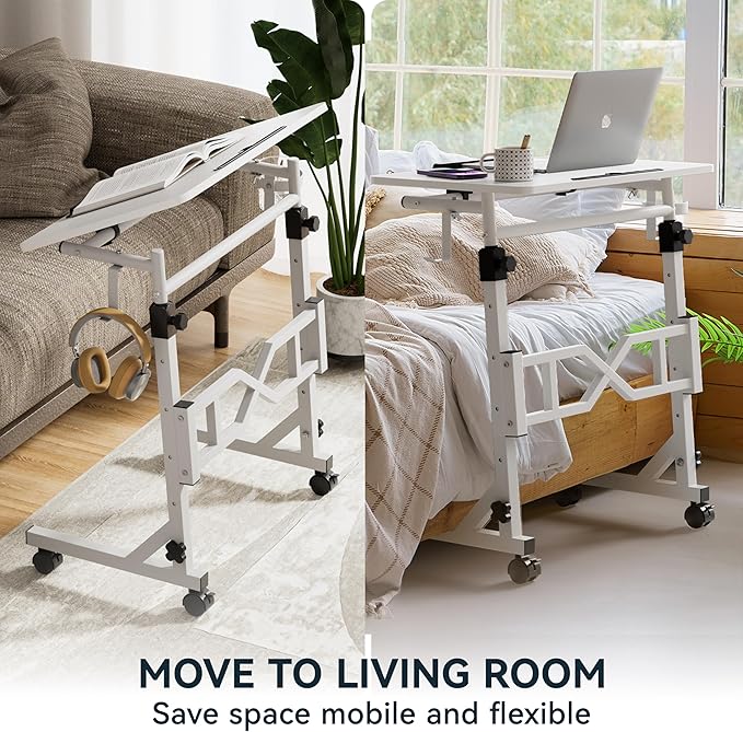 Small Standing Desk with Wheels, 29.5-45.3 Inch Adjustable Height, Portable Treadmill Desk, Rolling Computer Table for Walking Pad with a Cup Holder and a Hook