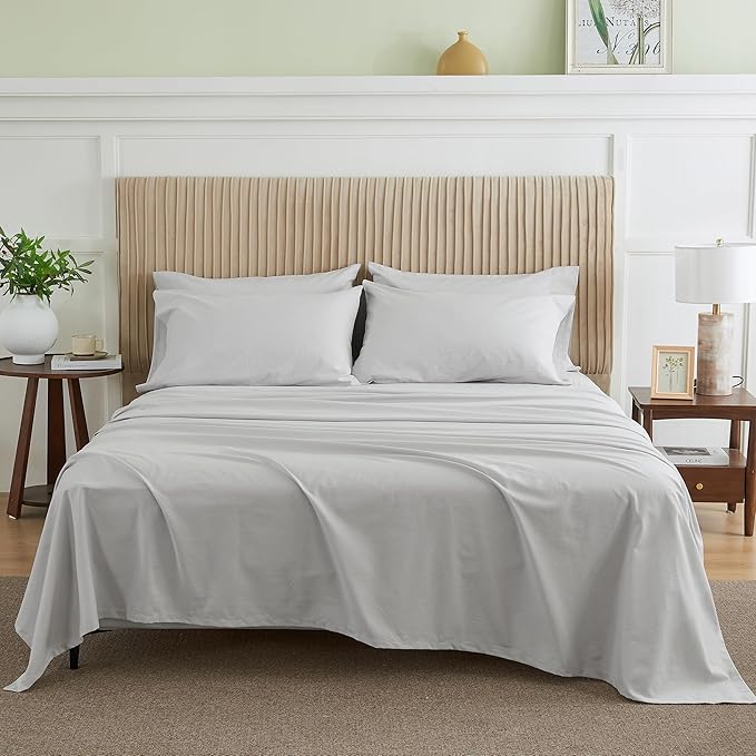 Simple&Opulence Belgian Linen Sheet Set Solid Color - 6 Pieces (1 Flat Sheet & 1 Fitted Sheet & 4 Pillowcases) 16" Deep Pocket Natural Flax Cotton Blended Soft Bedding - Khaki Grey, King Size
