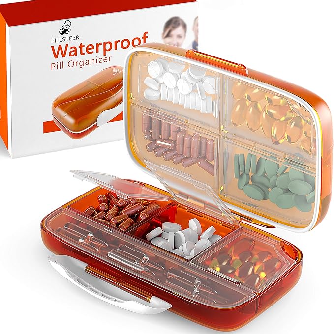 Travel Pill Organizer Medicine Dispenser - Moisture-Proof Pill Boxes and Organizer - Portable Vitamin Container Holder - 8 Large Compartments for Medication and Supplements