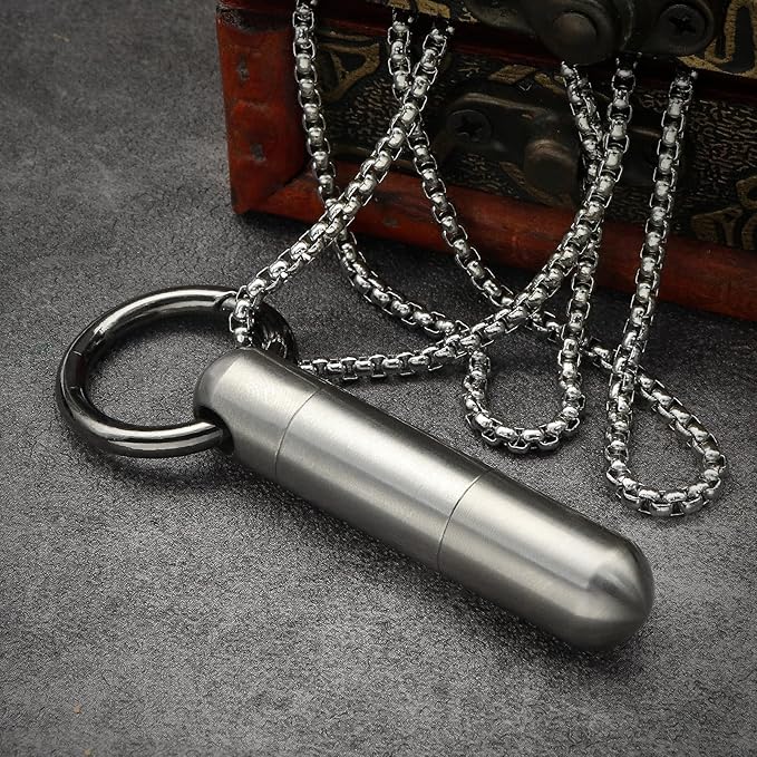 Extended Small Pill Case Necklace Titanium Mini Pill Case with Necklace Chain Tiny Pill Container for Men Waterproof Pill Holder Emergency Aspirin & Nitro Pill Case