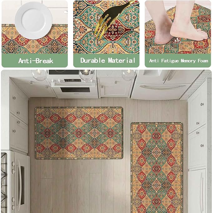 Moroccan Kitchen Rug Mats for Floor Cushioned Anti Fatigue Boho Vintage Kitchen Rugs Sets of 2 Red Yellow Non Slip Waterproof Comfort Memory Foam Standing Floor Mat for Laundry Sink Desk