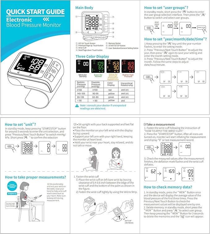 VivaGuard Wrist Blood Pressure Monitor, LCD Backlit Dispaly BP Machine Automatic Digital Portable Wrist Blood Pressure Cuff with Heartbeat Detector, 2 * 99 Memory, Carrying Case, 2 AAA Batteries