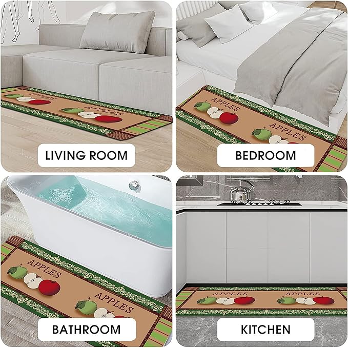 Apple Kitchen Rugs 2 Piece Set for Floor Mat, Non Skid Washable Absorbent Microfiber Apple Kitchen Mat for in Front of Sink for Standing for Home Apple Kitchen Decor 17"X30"+17"X47"