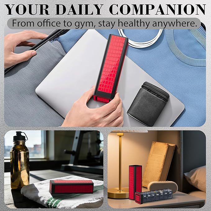 Weekly Pill Organizer 7 Day, Discreet Leather Pill Case for Purse or Pocket, Easy Slide-Out Daily Medication Planner, 1 Time a Day Travel Vitamin and Supplement Holder (Red)