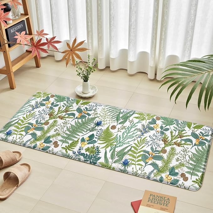 White Green Botanical Kitchen Rugs Set of 2 Plant Leaf Anti-Fatigue Kitchen Mat Natural Comfort Standing Waterproof PVC Mats 2/5" Thick Leather Carpet for Laundry Office Sink(17.3" x28" + 17.3" x 47")