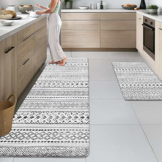 Arttown Moroccan Anti Fatigue Mats for Kitchen Floor, Boho Kitchen Mats Cushioned Anti Fatigue Rug, Waterproof Non-Slip Washable Kitchen Rugs - Grey