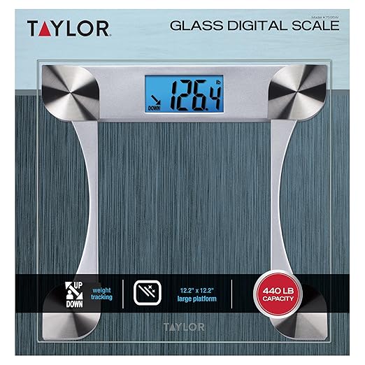 Taylor Digital Bathroom Scale for Body Weight, Large 12.2 Inch Glass Platform, Blue Backlit LCD Display, 440 lb Capacity, Weight Tracking for 2 Users, Clear