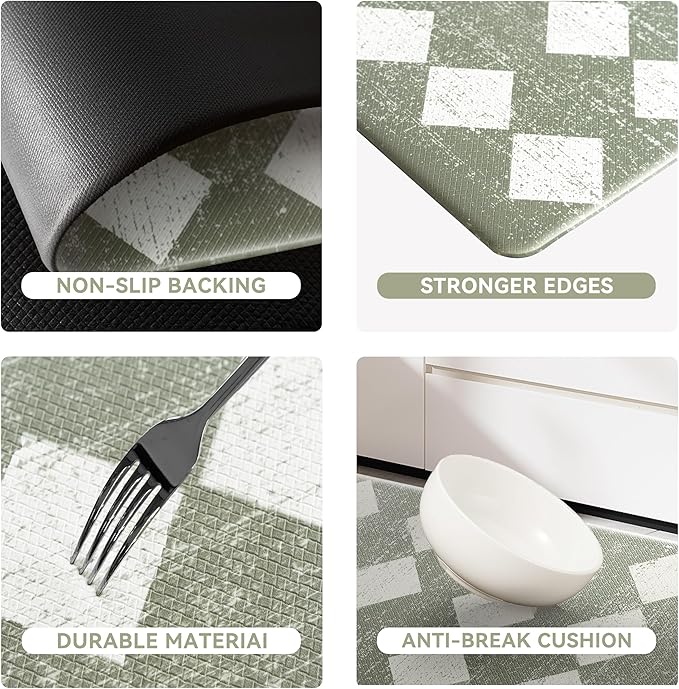 Sage Green Moroccan Trellis Checkered Kitchen Rug Sets [2 PCs], Anti-Fatigue, Waterproof Non-Slip Kitchen Mats Heavy Duty Ergonomic Comfort Foam Rug for Floor, Home, Laundry,17"x29"+17"x47"