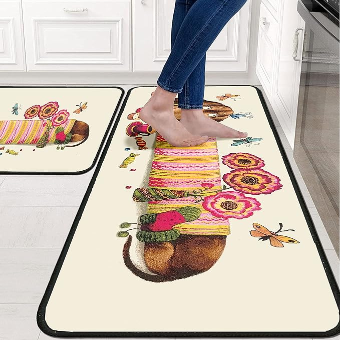 Dachshund Kitchen Rugs 2 Piece Set for Dog Floor Mat, Non Skid Washable Absorbent Microfiber Dachshund Kitchen Mat for in Front of Sink for Standing for Home Dog Kitchen Decor 17"X30"+17"X47"