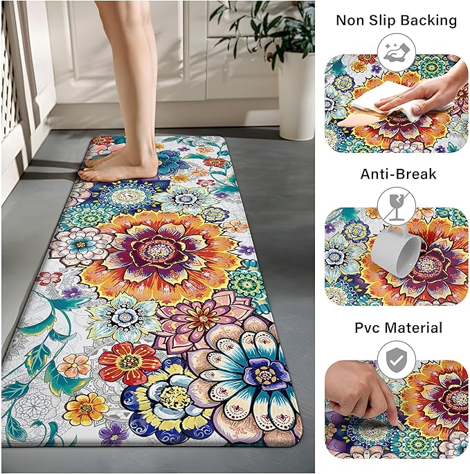 Floral Kitchen Rugs Mats for Floor 2 Piece Flowers Anti Fatigue Kitchen Mats Non Slip Cushioned Comfort Standing Mat for Sink, Office, Laundry, 17.3x28+17.3x47 Inch