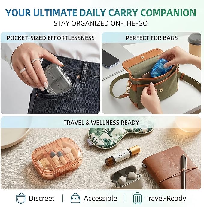 7 Pack 3 Compartment Small Pill Box, Portable Pill Case for Purse and Pocket, Moisture Proof Travel Pill Organizer for Medicine, Vitamins and Fish Oil, Small Pill Organizer Travel Case