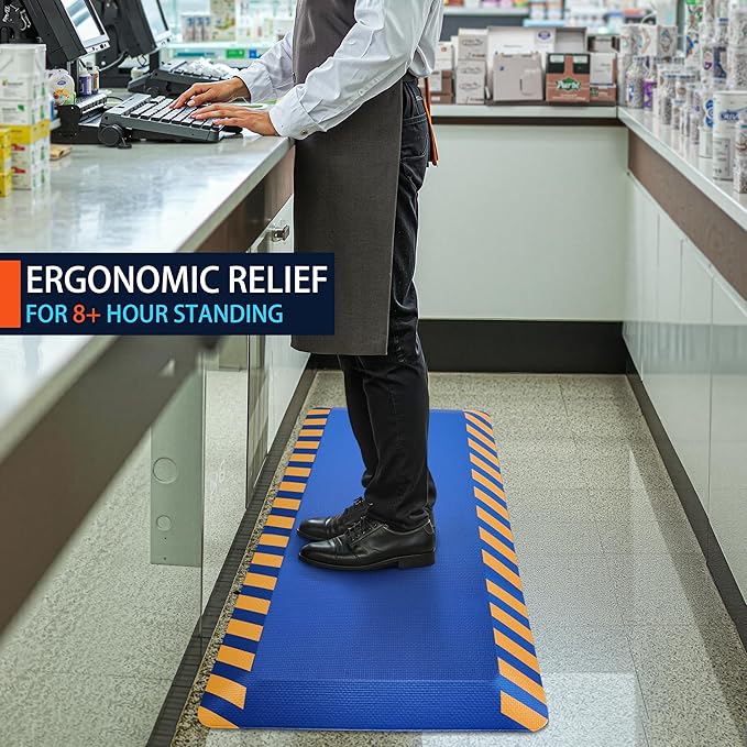 FEATOL Anti Fatigue Mat Industrial, Ergonomic Standing Floor Mat for Work for Stand -Safety Support for Leg & Back Pain(Blue with Yellow Border, 20" x 59", 2PC)