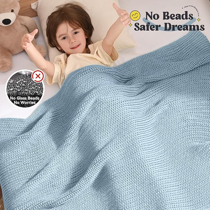 Guohaoi Knitted Weighted Blanket Kids (Haze Blue 50"x60" 5lbs) No Beads Cooling Heavy Blanket, Home Decor Breathable Chunky Knit Throw Blanket for All-Season Use