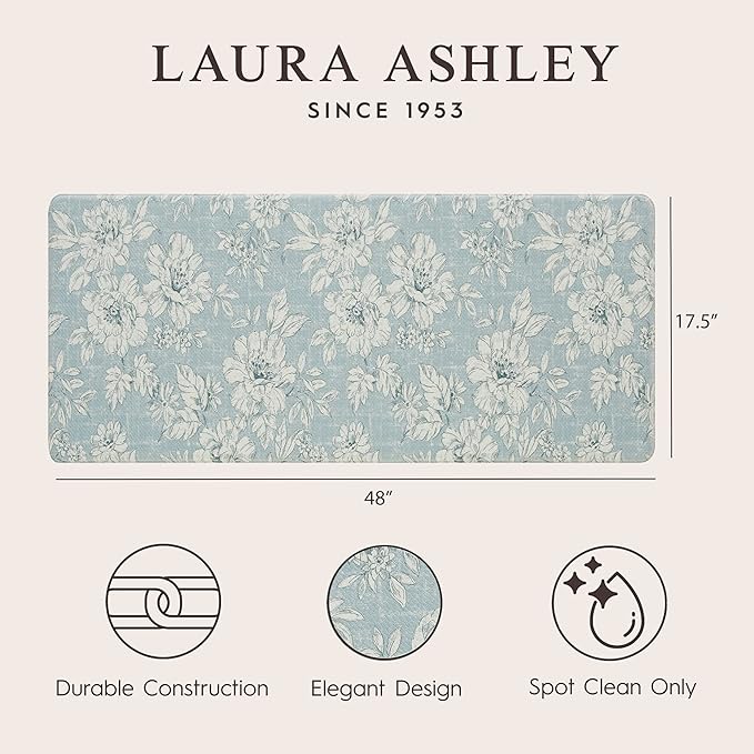 Laura Ashley - Anti-Fatigue Kitchen Mat, Iris Floral Design, Stain, Water & Fade Resistant, Cooking & Standing Relief, Non-Slip Backing, Measures 17.5" x 48", Light Blue Iris