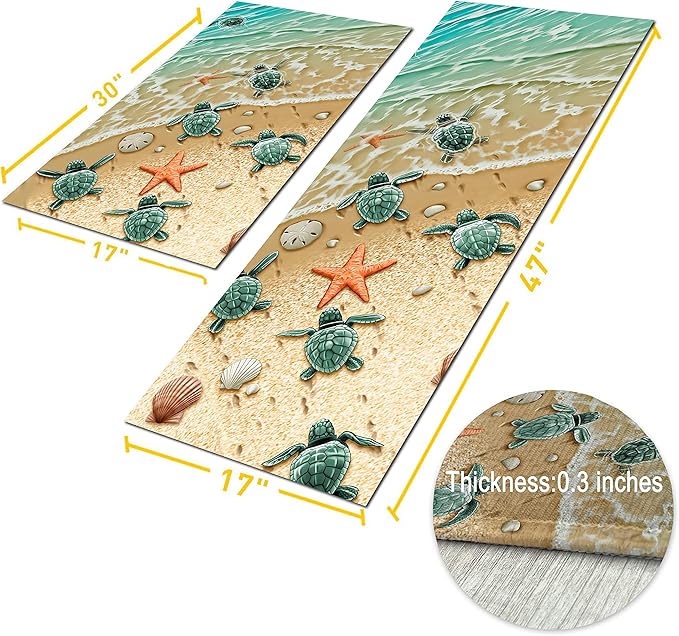 Beach Kitchen Rugs 2 Piece Set for Dog Sea Turtle Floor Mat, Nautical Rug Non Skid Washable Absorbent Nautical Kitchen Mat for in Front of Sink for Standing for Coastal Kitchen Decor 17"X30"+17"X47"
