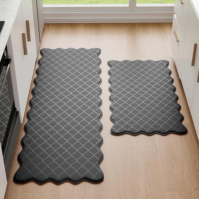 Upgrade Scalloped Embossed Kitchen Mats for Floor 2PCS Cushioned Anti Fatigue Waterproof Foam Kitchen Rugs Non Slip Washable Comfort Standing Mat for Sink Laundry, 17.3"x30"+17.3"x59", Black